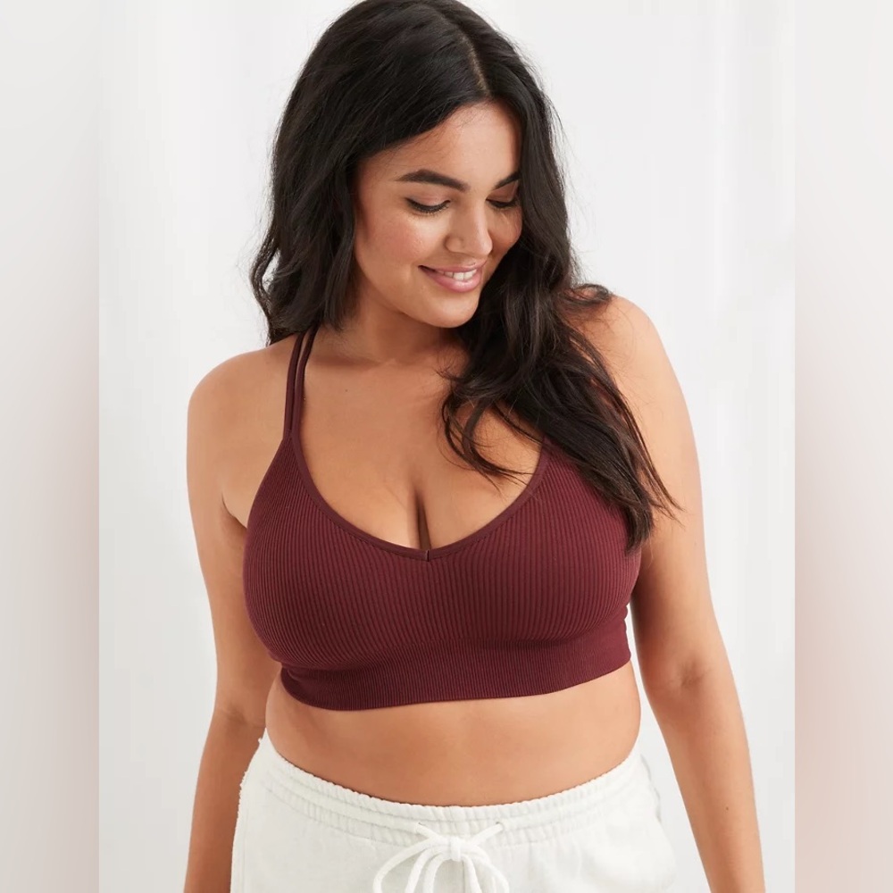 NWT Aerie Seamless Strappy Ribbed Padded Bralette in Royal Berry Red - Picture 2 of 6